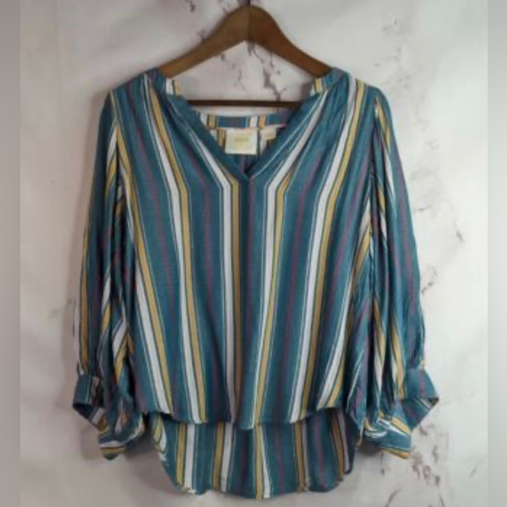 Maeve Anthropologie Small Blouse Peasant Byron Crop Stripe Balloon V Neck Top